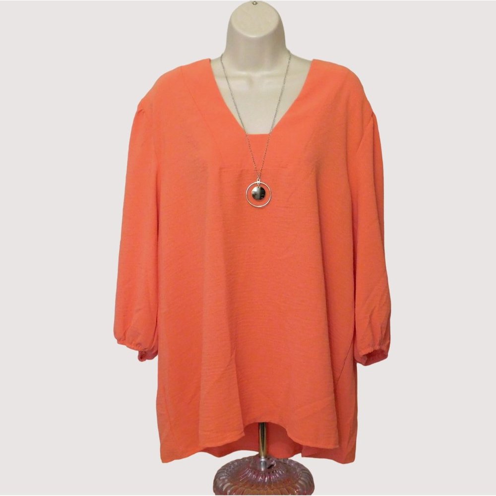 NY Collection Blouse Tunic 3X Orange 3/4 Sleeve Includes 26" Necklace Poly NEW
